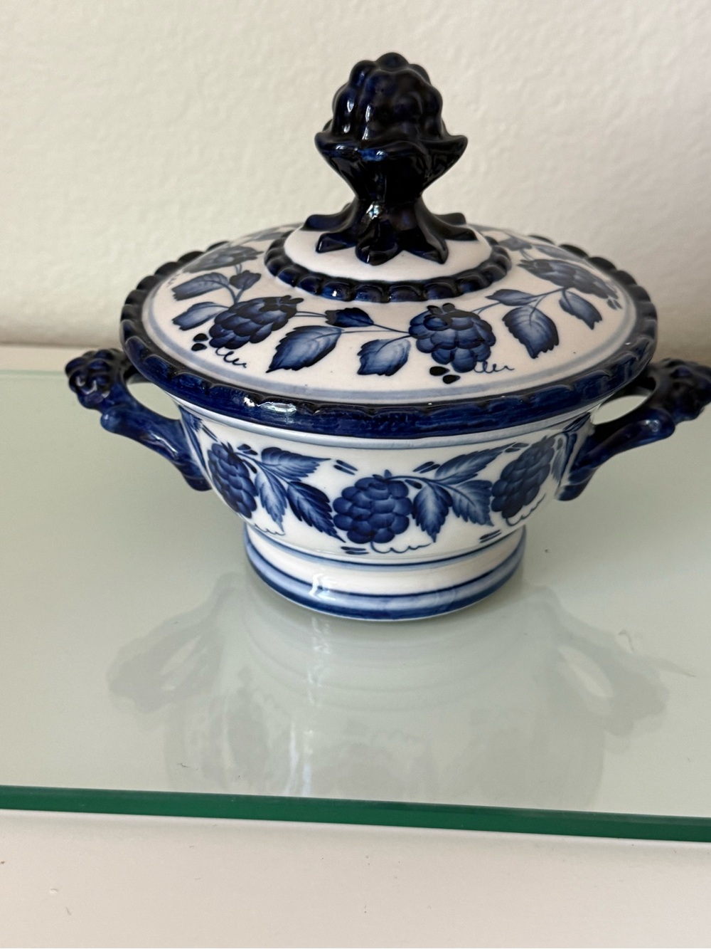 Gzhel Blue and White Floral Ceramic Lidded Dish - Folk Art Russian brand